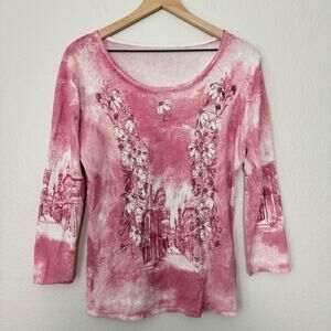 Vintage Y2K Womens Pink Bedazzled Burnout Blouse Scoop Neck 3/4 Sleeve Size S/M